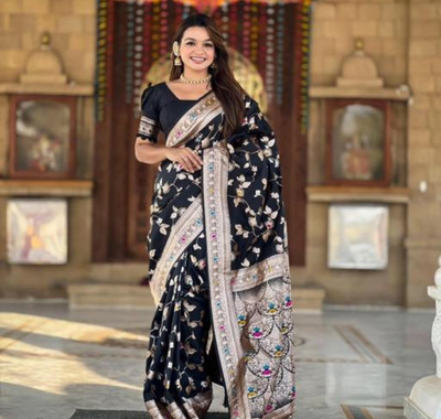 MK BRIGHT Floral Print Banarasi Cotton Silk Saree(Black)