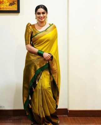 Nimidiya Self Design, Embellished, Woven Bollywood Pure Silk, Jacquard Saree(Mustard, Green)