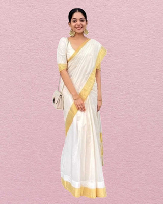 saanvi Solid/Plain Kasavu Cotton Blend Saree(White)