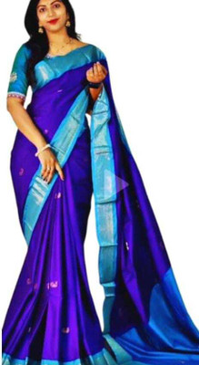 ASCREATIONOO Woven, Self Design, Temple Border Kanjivaram Cotton Silk Saree(Purple)