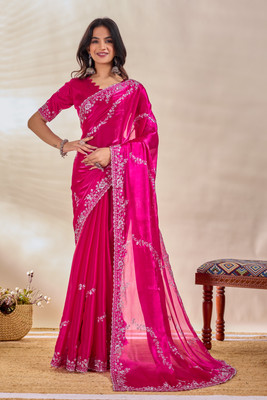 sareya veela Embellished, Embroidered Bollywood Organza Saree(Pink)