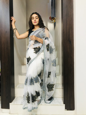 Fashion Day Embroidered Bollywood Net Saree(White)