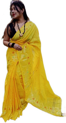 BongAp Embroidered Handloom Pure Cotton Saree(Yellow)