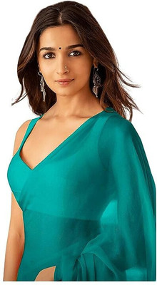 HouseOfCommon Solid/Plain Bollywood Georgette Saree(Light Blue)
