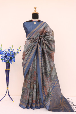 NESHVI ENTERPRISE Digital Print Kalamkari Cotton Blend Saree(Blue)