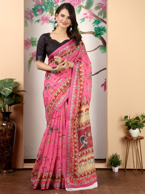 Anouk Rustic Printed Baluchari Cotton Linen Saree(Pink)
