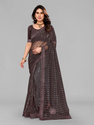 AKFABRICS Digital Print Daily Wear Lycra Blend Saree(Brown)