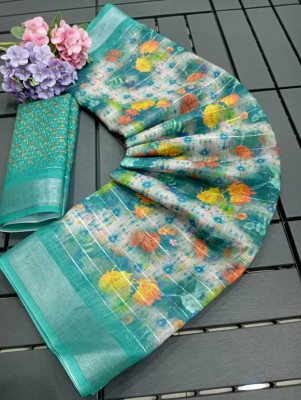 ASHTA Floral Print Kanjivaram Linen Saree(Light Blue)