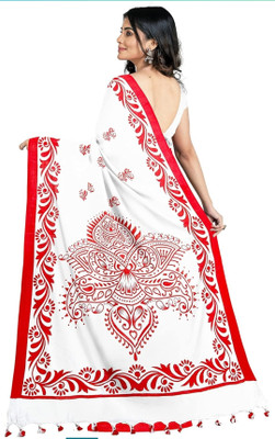 Bhadra Self Design Handloom Pure Cotton Saree(White, Red)