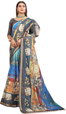 HouseOfCommon Floral Print Kanjivaram Pure Cotton, Cotton Linen Saree(Multicolor)