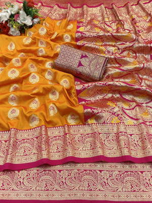 KanjiQueen Woven, Self Design Banarasi Silk Blend, Pure Silk Saree(Mustard, Pink)