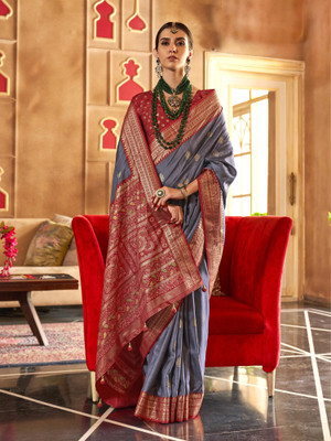 Elora Woven Patola Silk Blend Saree(Grey)