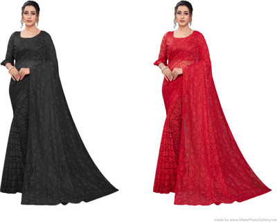 Nilkanthvarni Creation Self Design Bollywood Net Saree(Pack of 2, Black, Red)