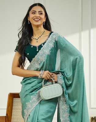 Samah Embroidered, Embellished Bollywood Silk Blend Saree(Light Blue)