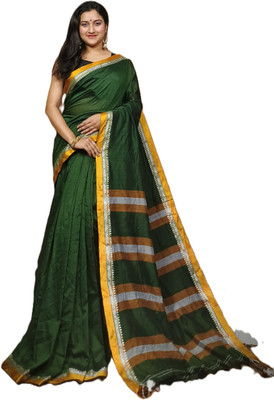 Piyafashion Self Design Handloom Cotton Blend Saree(Dark Green)