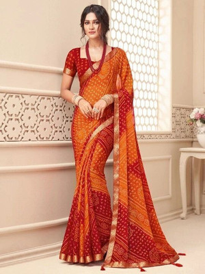 Falessa Printed Bandhani Georgette Saree(Red, Orange)