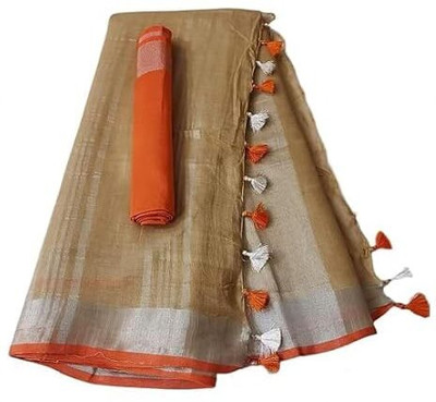 HAIDER ALI AND SONS Solid/Plain Handloom Cotton Linen Saree(Brown)