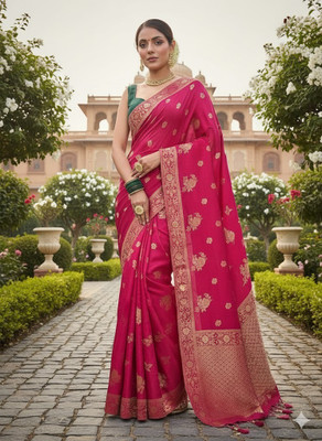 Gagan Textile Woven, Floral Print Kanjivaram Silk Blend Saree(Pink)