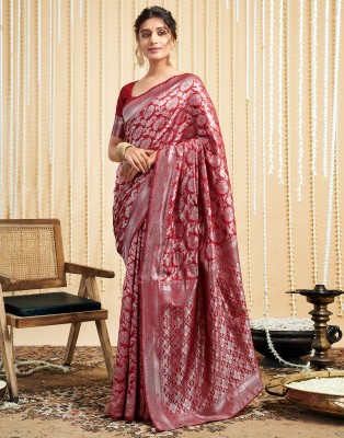 Samah Woven Kanjivaram Silk Blend Saree(Red, Silver)