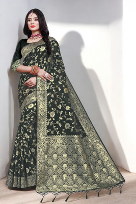 Pikham Self Design Banarasi Art Silk Saree(Black)