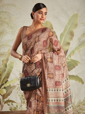Rachna Printed Chanderi Cotton Blend Saree(Brown)