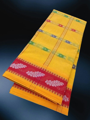 Happy Creation Self Design Tant Cotton Blend Saree(Yellow, Red)
