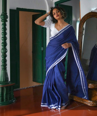 Balika bodhu Solid/Plain Handloom Cotton Blend Saree(Blue)