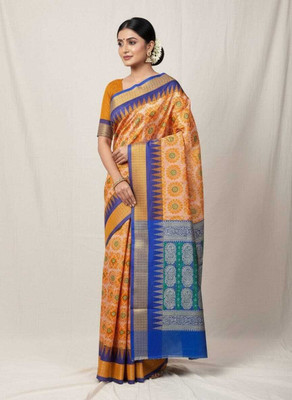 Sijileen Temple Border, Woven Sambalpuri Silk Blend Saree(Mustard, Blue)