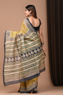 Taavi Blocked Printed Daily Wear Cotton Blend Saree(Blue)