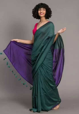 LushLooms Solid/Plain Handloom Cotton Blend Saree(Green, Purple)