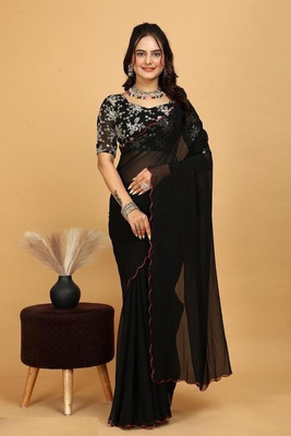 PARI DESIGNER Solid/Plain, Embellished Daily Wear Georgette Saree(Black)