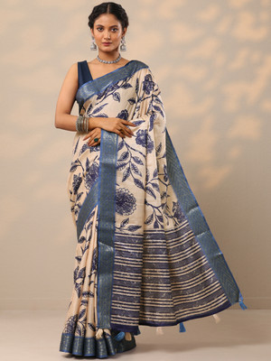 LIBAS Printed Daily Wear Silk Blend Saree(Blue, Beige)