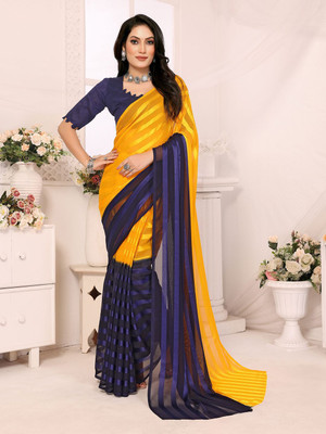 Moda Rapido Striped, Self Design Daily Wear Satin Saree(Yellow)