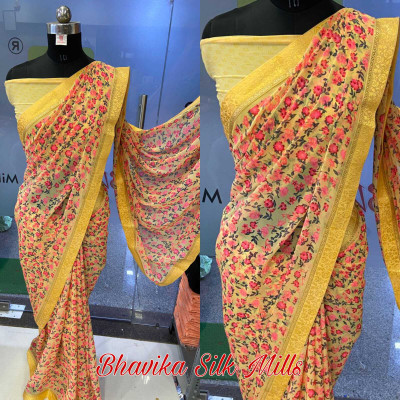 bhavika silk mills Printed Daily Wear Georgette Saree(Yellow)