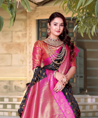 LAVYANSH CREATION Woven, Self Design Banarasi Silk Blend, Jacquard Saree(Black)