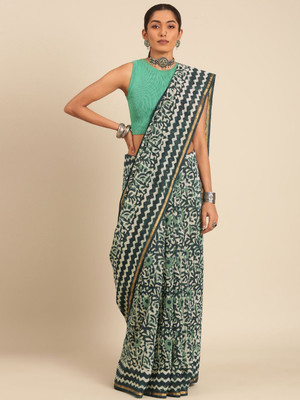 Taavi Printed Saree with Attached Blouse Cotton Silk Saree(Blue)