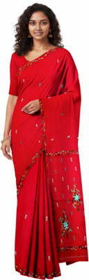 SHRISTI CLOTHINGS Embroidered Kantha Tussar Silk Saree(Red)