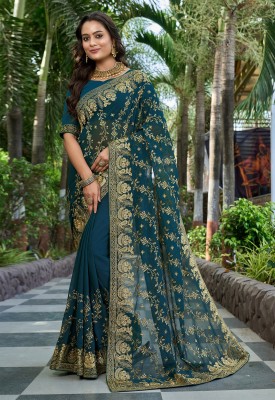 Kedar Fab Embroidered Bollywood Georgette Saree(Blue)