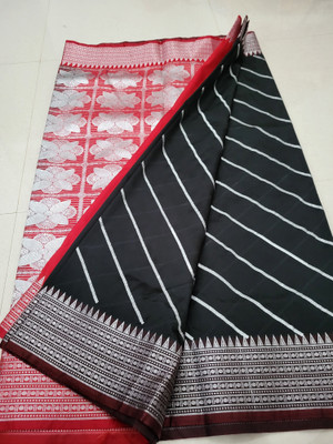 Ansari Fabrics Temple Border Kanjivaram Handloom Satin Saree(Black)