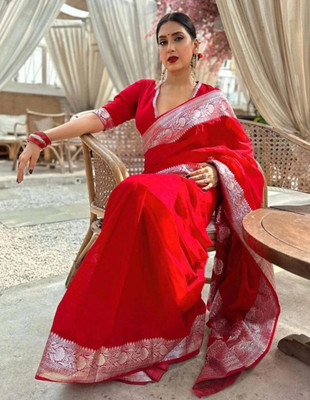 AFsaree Solid/Plain Banarasi Satin Saree(Red)