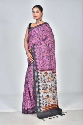 Dixon Printed, Solid/Plain, Self Design Madhubani Pure Cotton Saree(Purple)