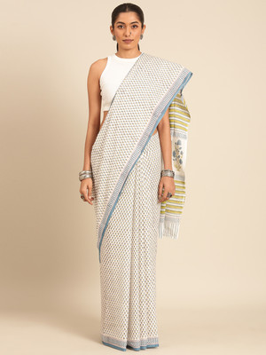 Taavi Blocked Printed Banarasi Cotton Blend Saree(White)