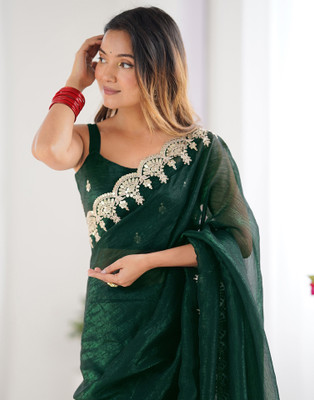 Satrani Embellished, Embroidered Bollywood Jimmy choo, Chiffon Saree(Green)