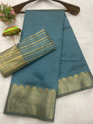 VAKHARIYAFAB Solid/Plain Kanjivaram Cotton Silk, Pure Silk Saree(Blue)