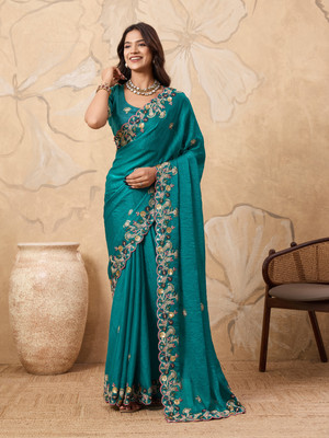 SARETRA MALL Embroidered, Floral Print Bollywood Chiffon Saree(Blue)