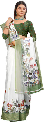 HouseOfCommon Printed Kanjivaram Pure Cotton, Chanderi Saree(White, Green)