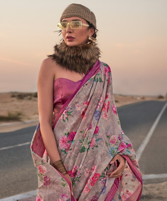 Sareemall Printed Madurai Linen Saree(Grey)