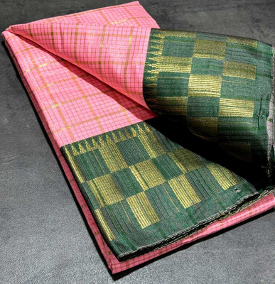 JbWorld Checkered, Woven, Self Design, Embellished Chettinadu Jacquard, Cotton Silk Saree(Pink, Dark Green)