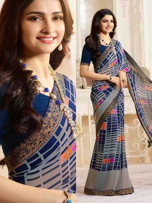 MEETVIN COUTURE Printed, Self Design, Digital Print, Embroidered, Floral Print, Solid/Plain Bollywood Georgette, Chiffon Saree(Light Blue)