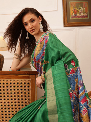Divastri Floral Print Banarasi Silk Blend Saree(Green)